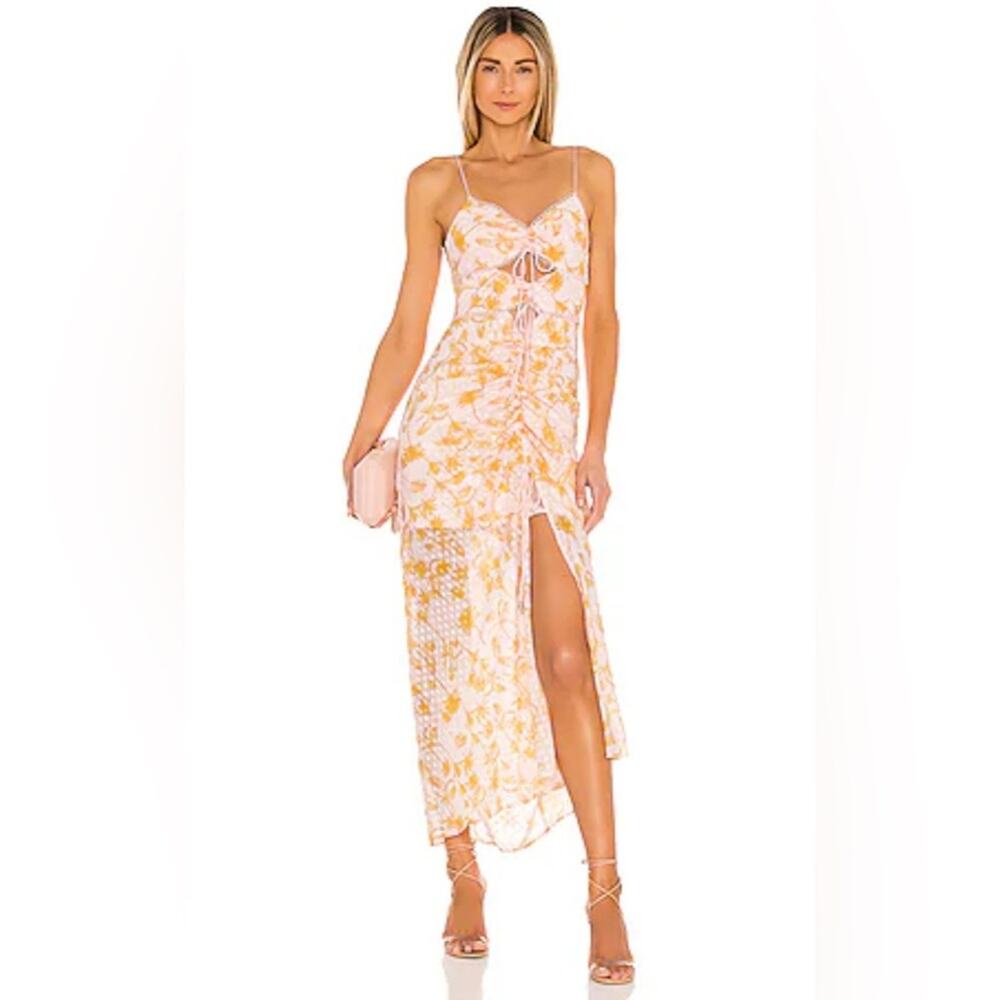 Floral Spaghetti-Strap Midi Dress in Pink and Yellow